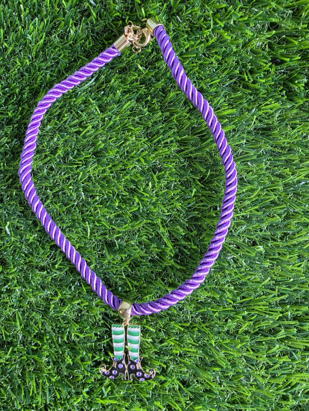 Purple Rope Necklace with Striped Witch Boot Charm